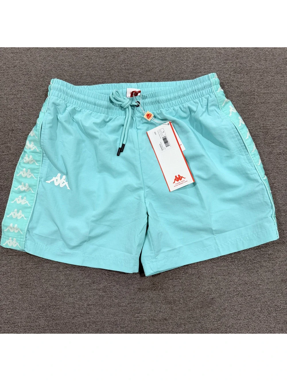Kappa 222 Banda Coney Swim Shorts Men’s L Aqua Blue Logo Tape Trunks NWT